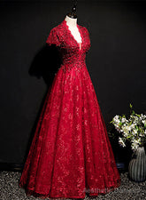 Wine Red Lace A-line Open Back Long Prom Dress, A-line Wine Red Formal Dress